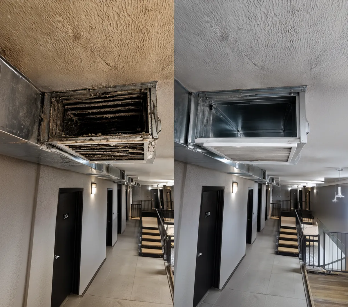 Corridor d’immeuble avant et après le nettoyage des conduits